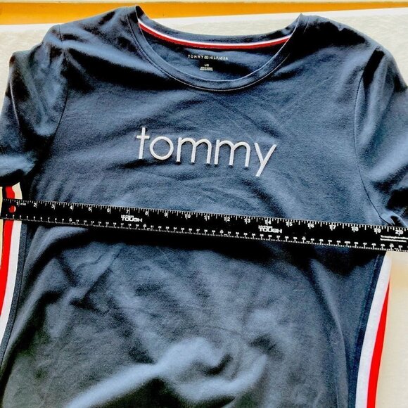 Tommy Hilfiger Womens Y2K T-shirt Racing Stripe Nautical Navy White Red Dress-LG - Picture 10 of 13